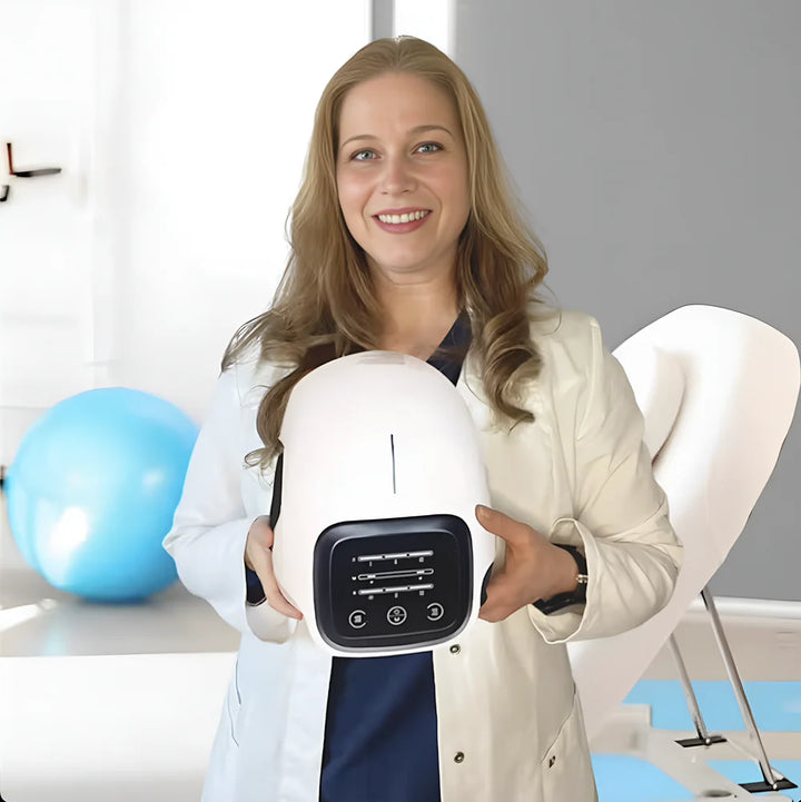 Woman demonstrating the 3 in 1 therapy massager for pain relief in a therapy setting.